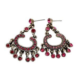 Pave Rhinestone Statement Drop Earrings Pink Silver NWT